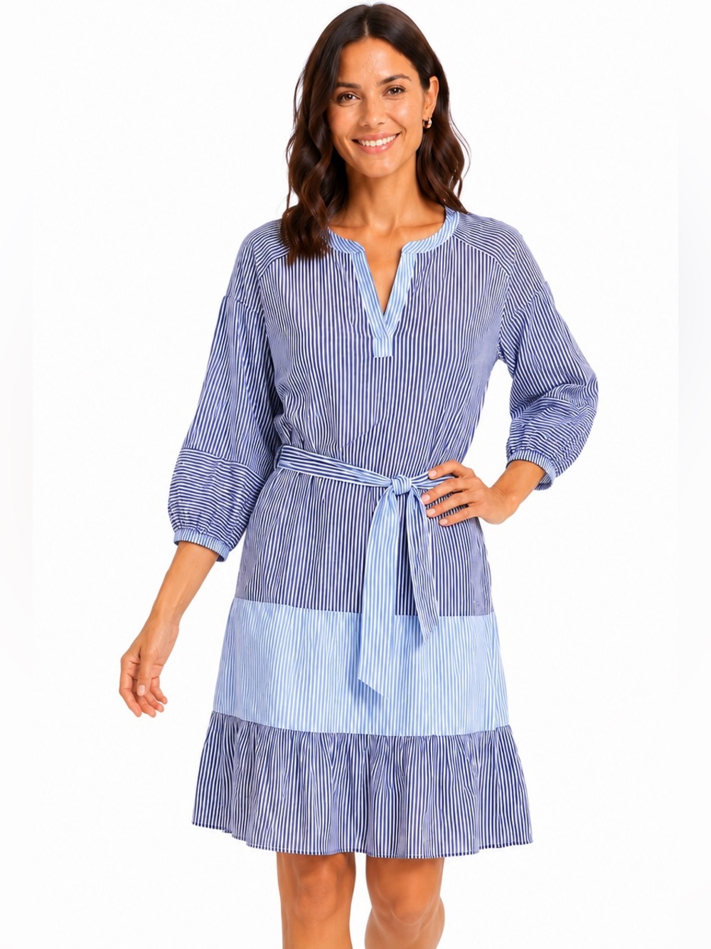 Parker Blue White Stripe Belted Tiered Mini Dress Large 100% Cotton Summer Chic